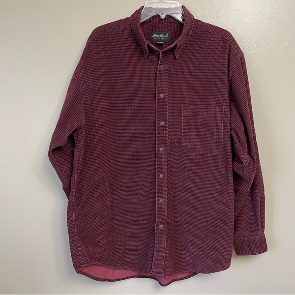 Eddie Bauer Houndstooth Micro Corduroy Shirt Red Mens Large Tall Gorpcore - Picture 1 of 11